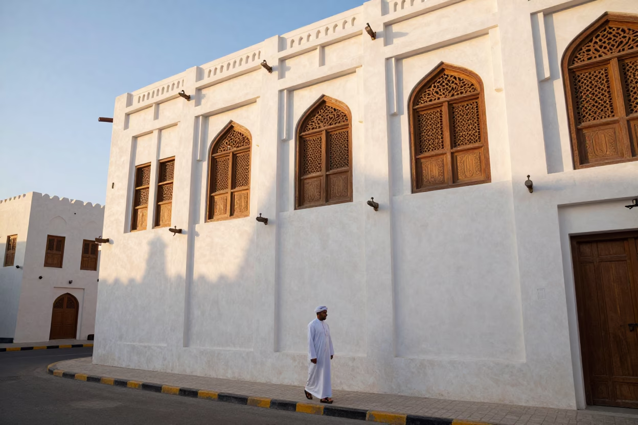 Muscat Oman Street Scene First Light with Traditional Architecture and Local Life in in Muscat, Oman