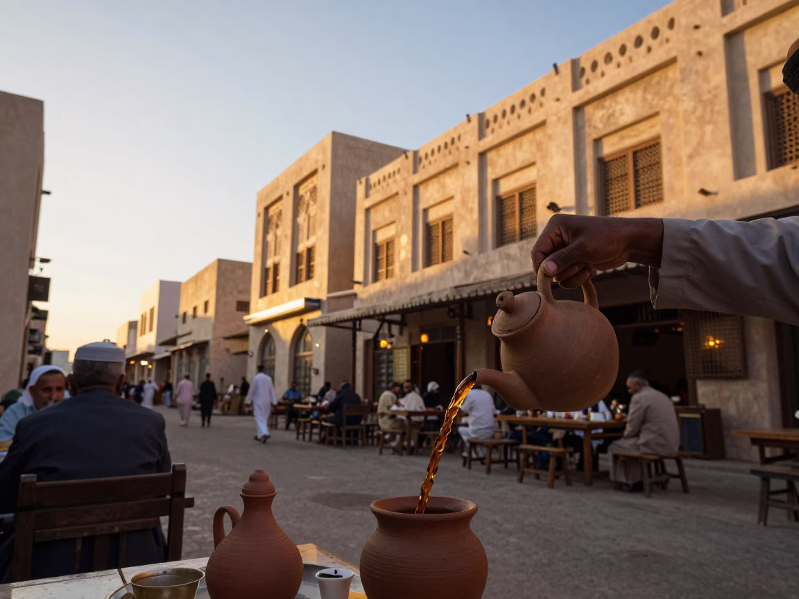 Muscat Oman Street Scene Golden Hour Clay Teapot and Traditional Architecture in in Muscat, Oman
