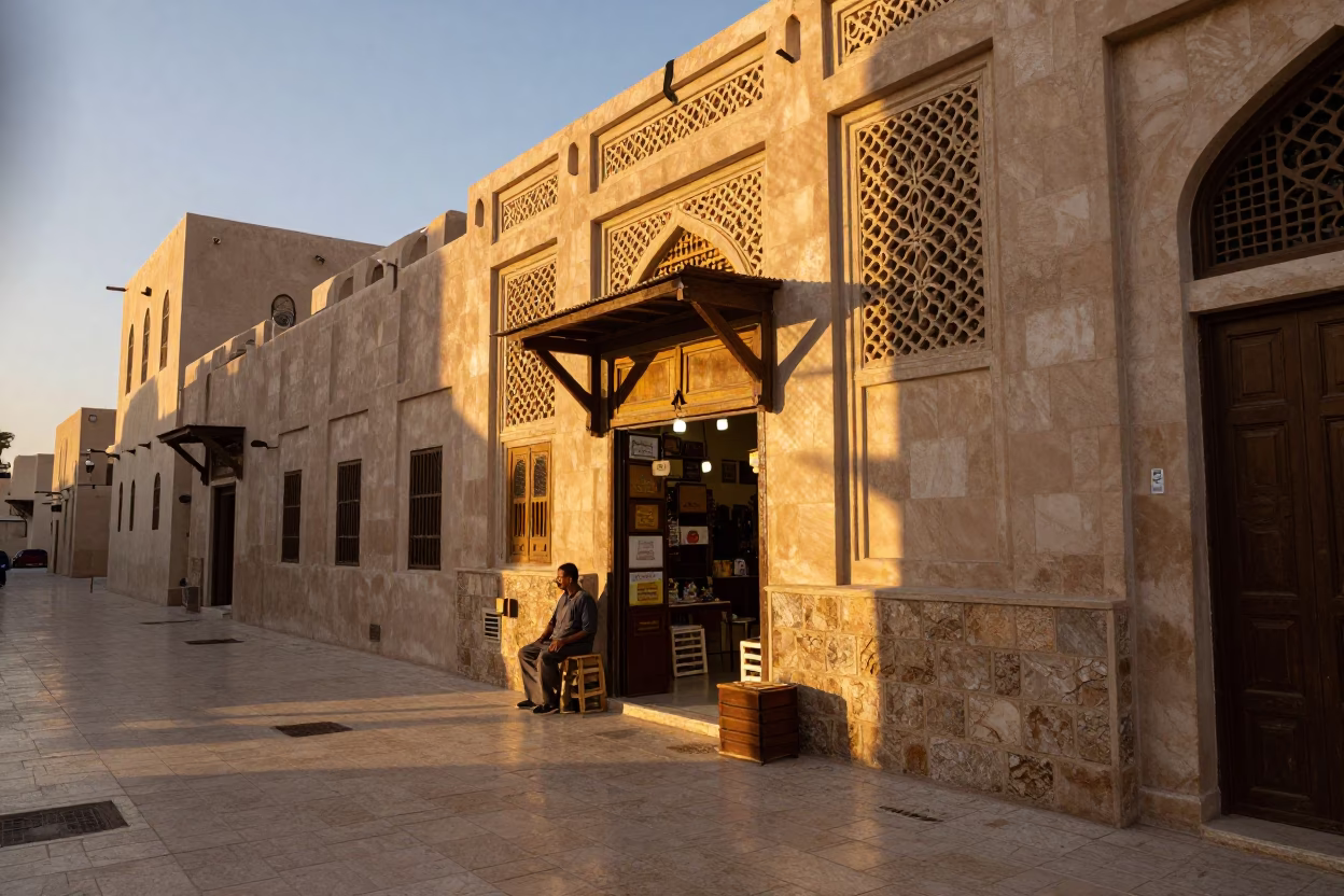Muscat Oman Street Scene Honeyed Evening Light with Local Shop Display in in Muscat, Oman
