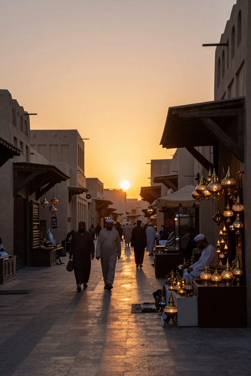 Muscat Oman Street Scene Late Afternoon Traditional Souq Activity and Sunset Light in in Muscat, Oman