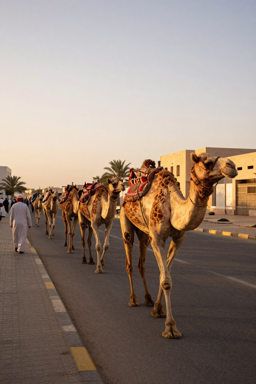 Muscat Oman Street Scene with Camel Caravan in Honeyed Evening Light in in Muscat, Oman