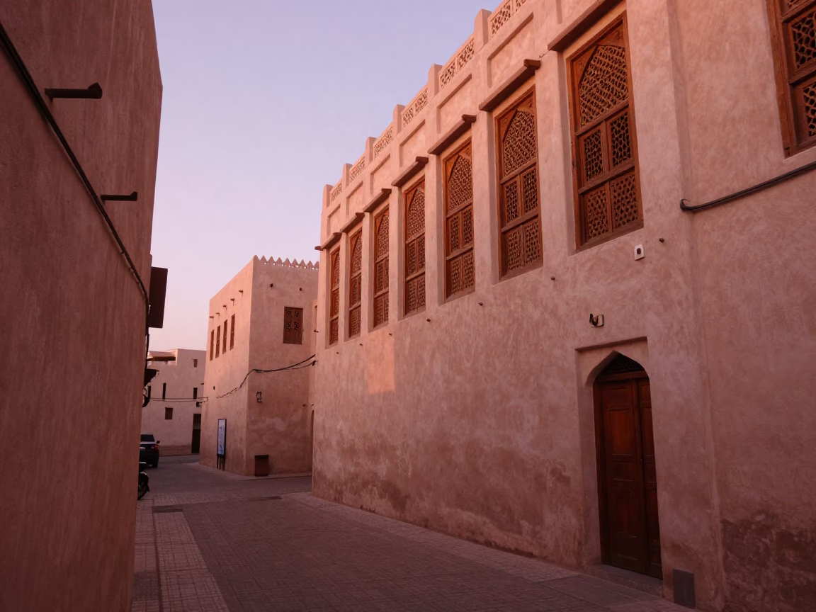 Muscat Oman Street Scene with Copper Dusk Light and Local Architectural Details in in Muscat, Oman
