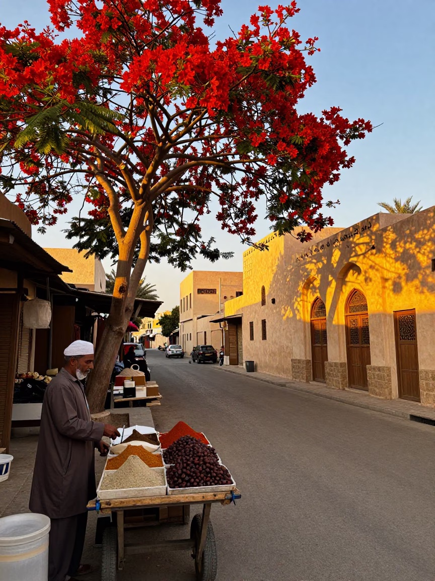 Muscat Oman Street Scene with Flame Tree and Local Market Vendor in in Muscat, Oman