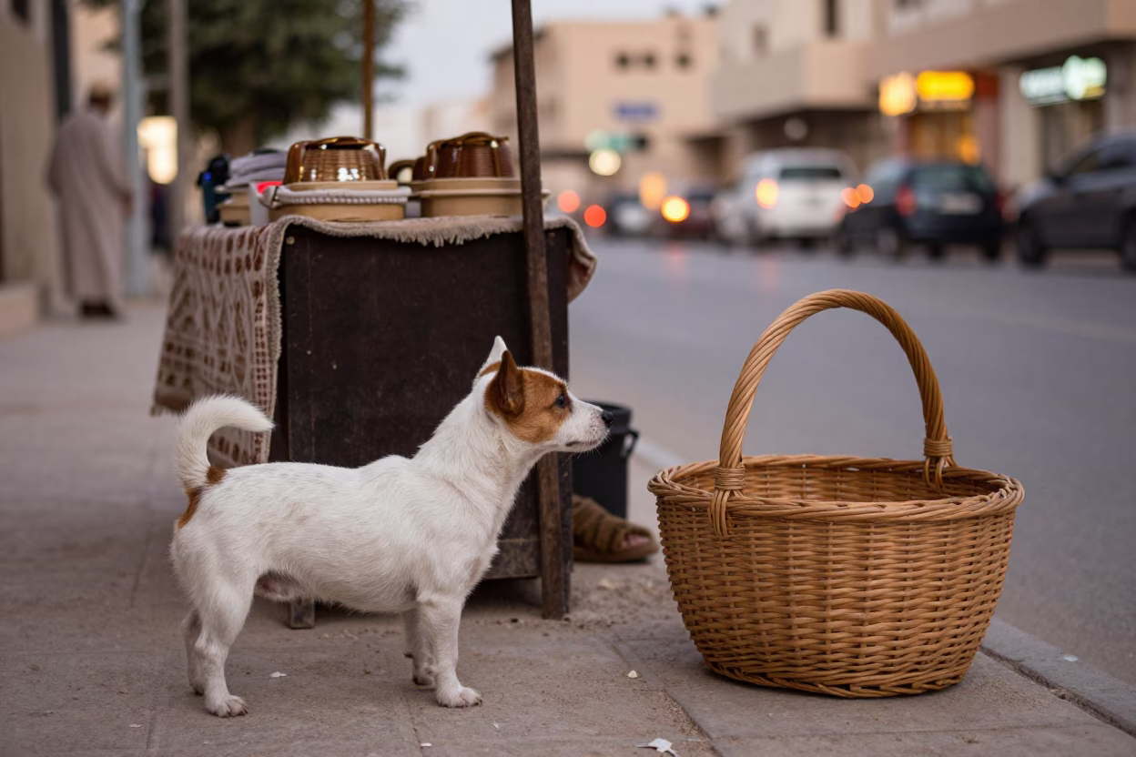 Muscat Oman Street Scene with Miniature Bull Terrier and Wicker Basket at Dusk in in Muscat, Oman