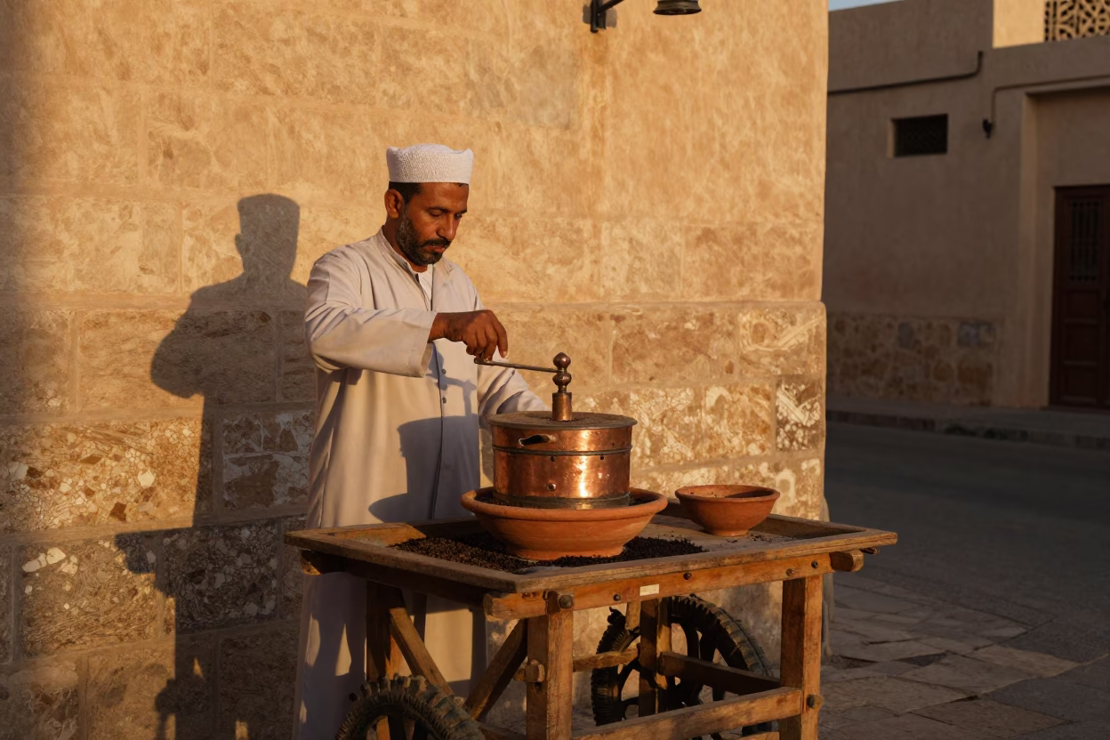 Muscat Oman Street Scene with Pepper Mill and Copper Toned Light Before Dusk in in Muscat, Oman