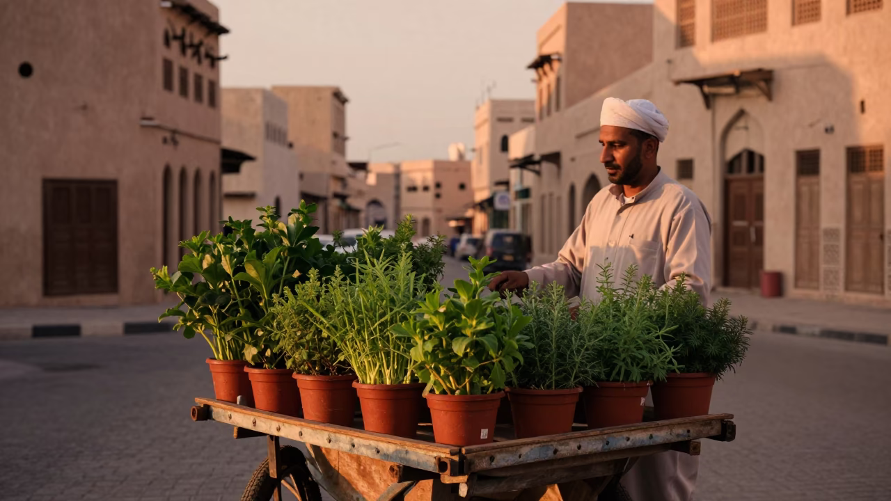 Muscat Oman Street Scene with Potted Herbs and Traditional Architecture in Copper Dusk Light in in Muscat, Oman