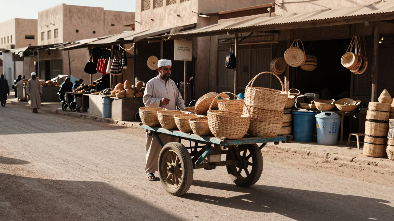 Muscat Oman Street Scene with Traditional Basket and Local Market Activity in in Muscat, Oman
