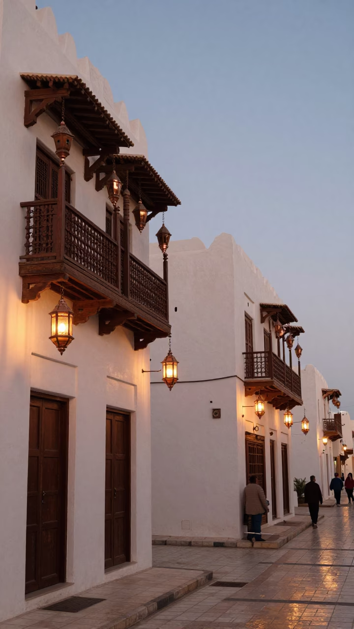Muscat Oman Street Scene with Traditional Lanterns and Copper Dusk Light in in Muscat, Oman