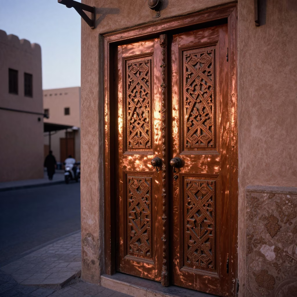 Muscat Oman Street Scene with Traditional Wooden Door and Copper Dusk Light in in Muscat, Oman