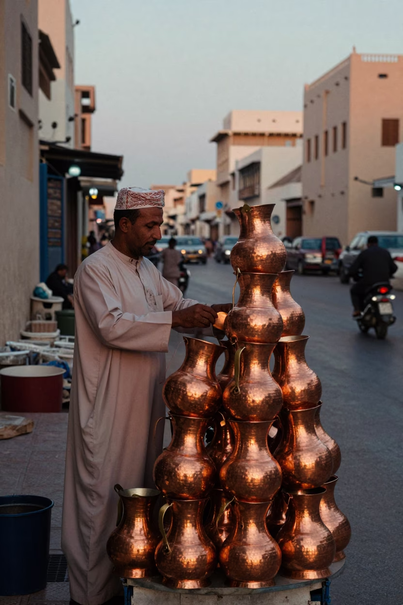 Muscat Oman Street Vendor Copper Pots Catching Copper Toned Light Before Dusk in in Muscat, Oman