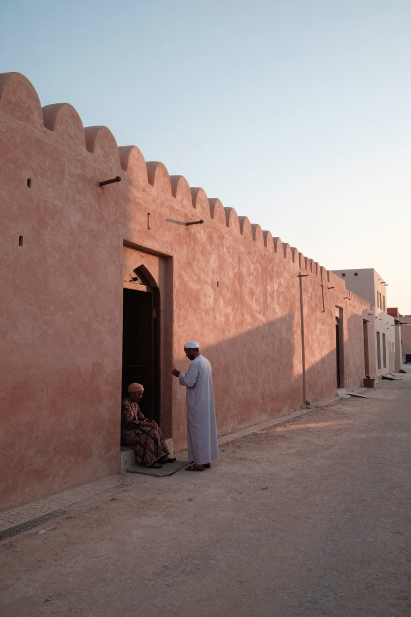 Muscat Oman Sunrise Street Scene with Batik Artist and Traditional Architecture in in Muscat, Oman