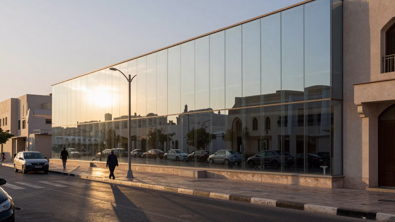 Muscat Oman Sunrise Street Scene with Clear Glass Wall and Lampshade Reflection in in Muscat, Oman