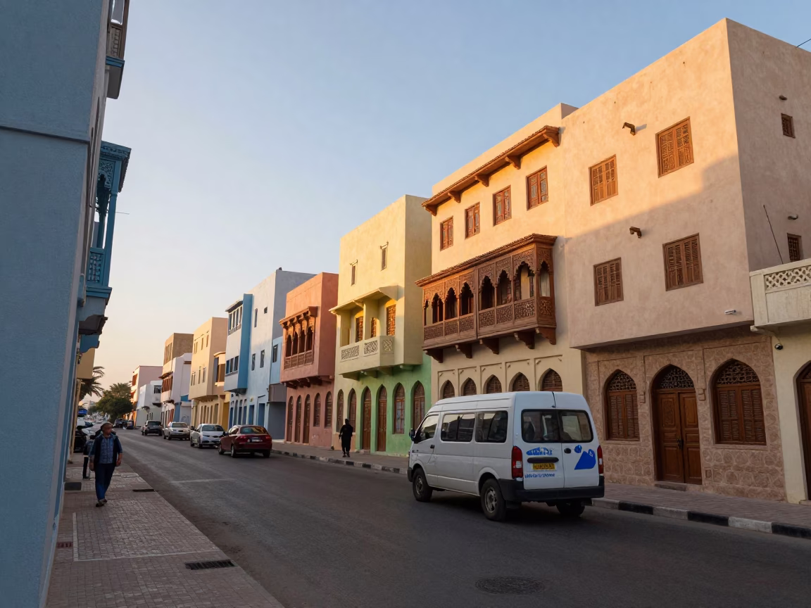 Muscat Oman Sunrise Street Scene with Colorful Building Facades and Local Traffic in in Muscat, Oman