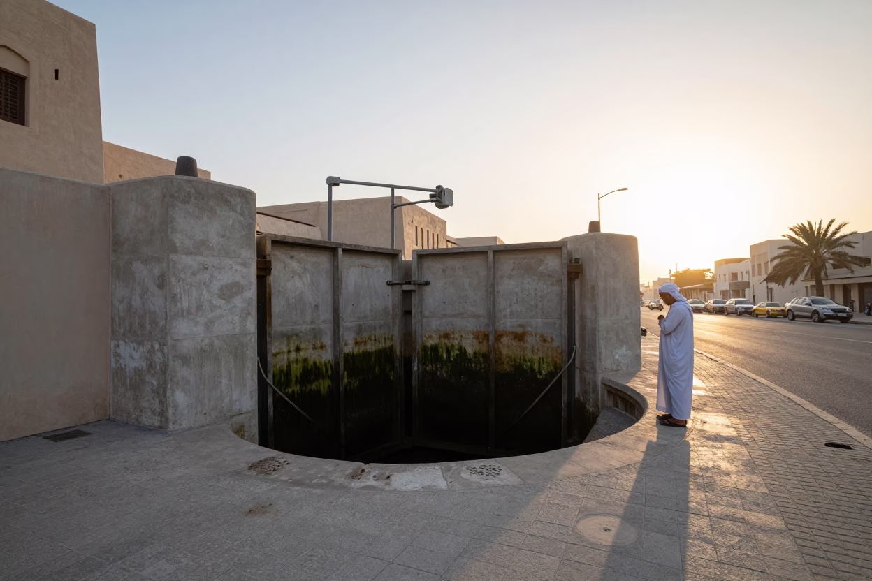 Muscat Oman Sunrise Street Scene with Floodgate Chamber and Concrete Walls in in Muscat, Oman