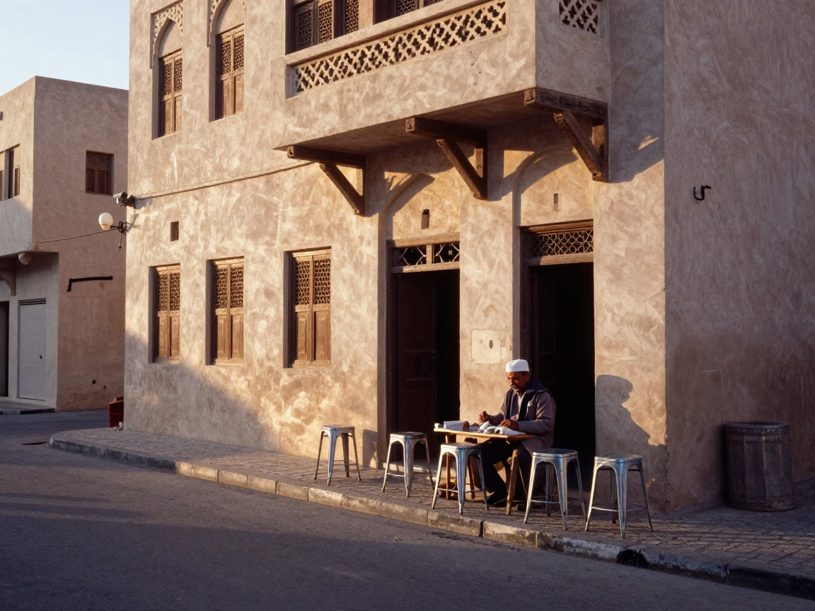 Muscat Oman Sunrise Street Scene with Metal Stools and Local Morning Routine in in Muscat, Oman