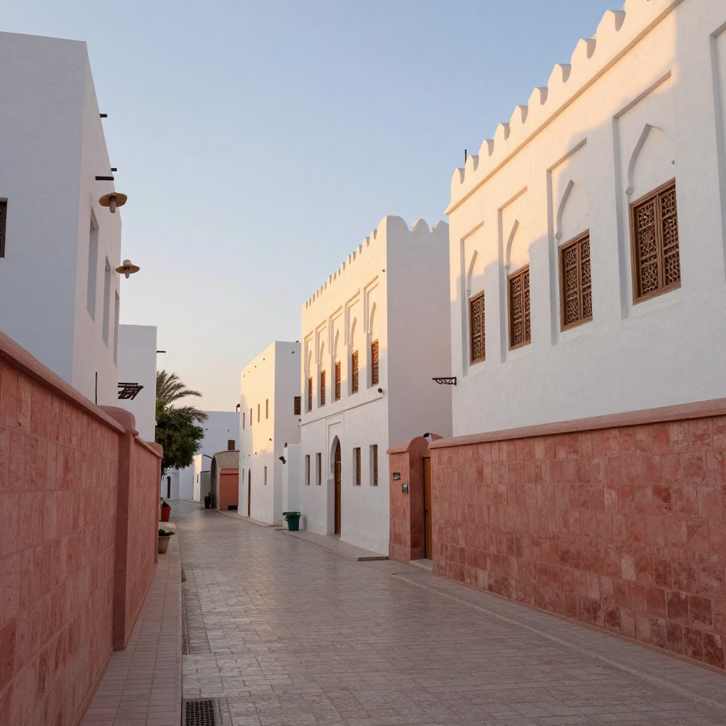 Muscat Oman Sunrise Street Scene with Sun Hats and Traditional Architecture in in Muscat, Oman