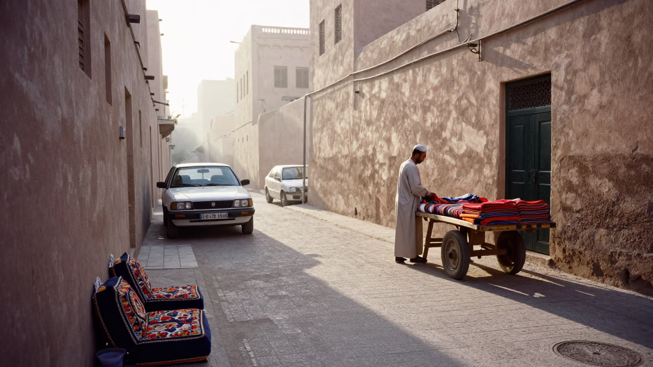 Muscat Oman Sunrise Street Scene with Traditional Embroidered Cushion and Bonsai Juniper in in Muscat, Oman