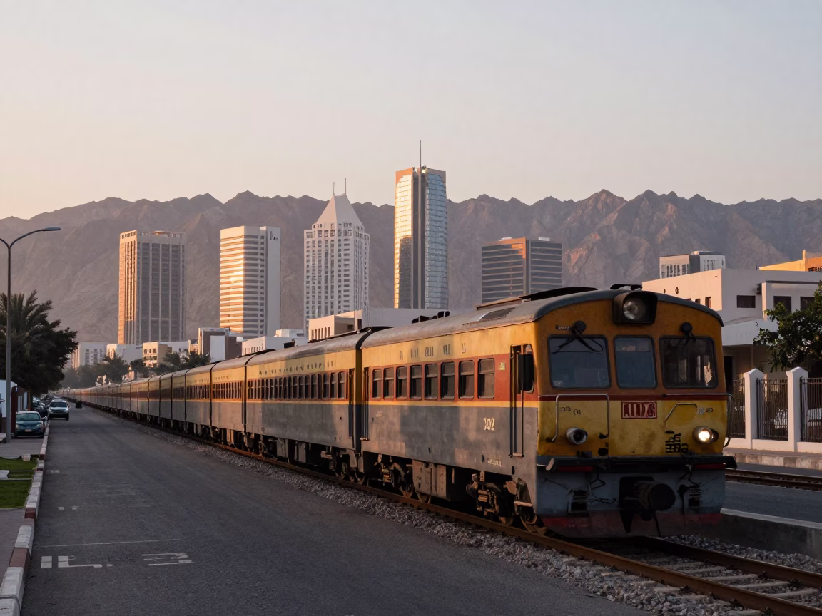 Muscat Oman Sunrise Street Scene with Vintage Commuter Train and Local Market Activity in in Muscat, Oman