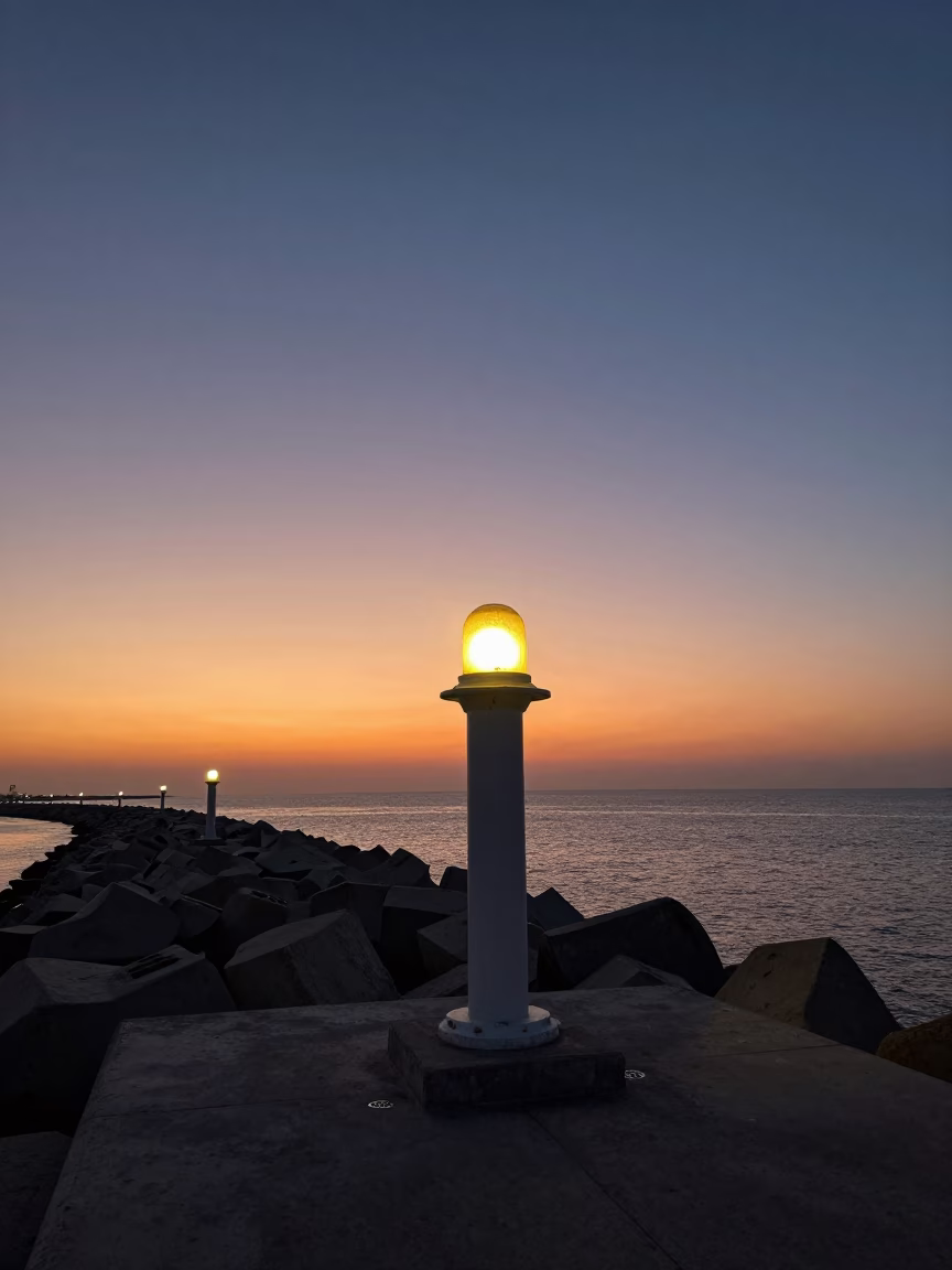 Muscat Oman Sunset Coastal Breakwater Warning Beacons Dusk Realistic 1970s Photography in in Muscat, Oman