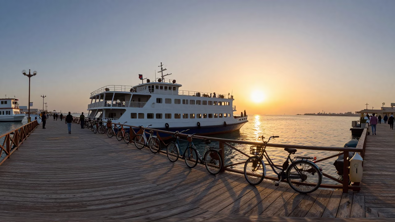 Muscat Oman Sunset Ferry Docking with Bicycles and Passengers at Golden Hour in in Muscat, Oman
