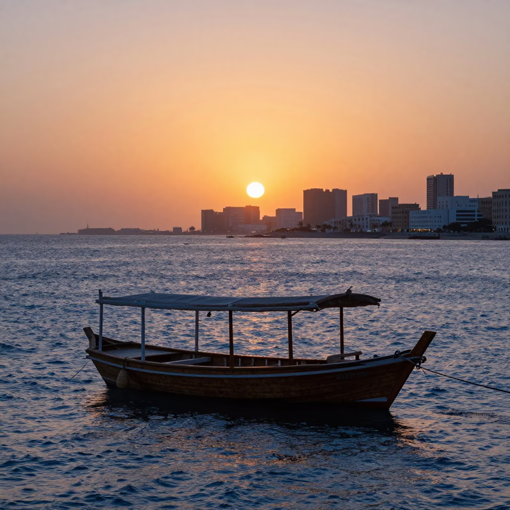 Muscat Oman Sunset Harbor Scene with Traditional Dhow Boat and Blue Sea in in Muscat, Oman