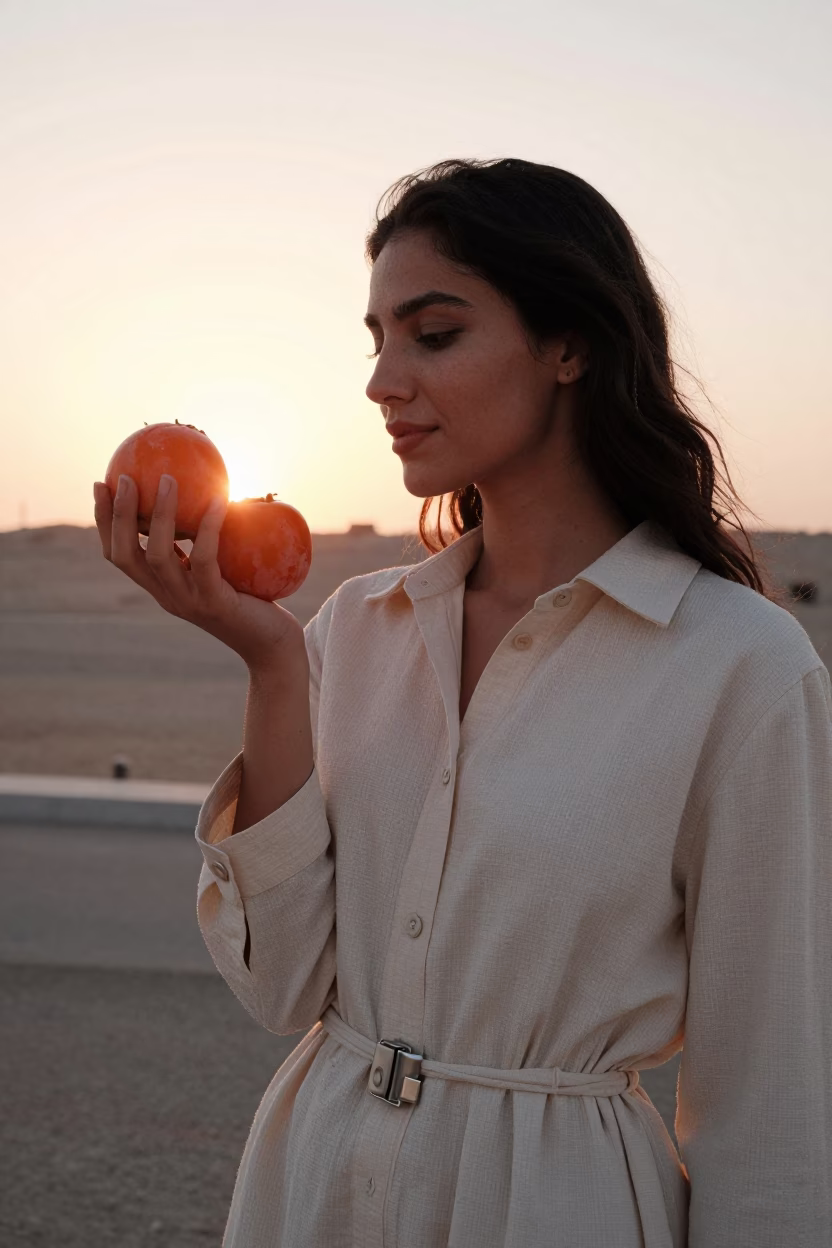 Muscat Oman Sunset High Fashion Portrait with Nickel Latch and Persimmons in in Muscat, Oman
