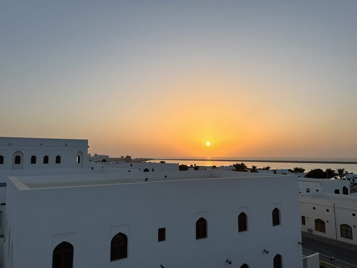 Muscat Oman Sunset Horizon Coastal Landscape Traditional Architecture 1970s in in Muscat, Oman
