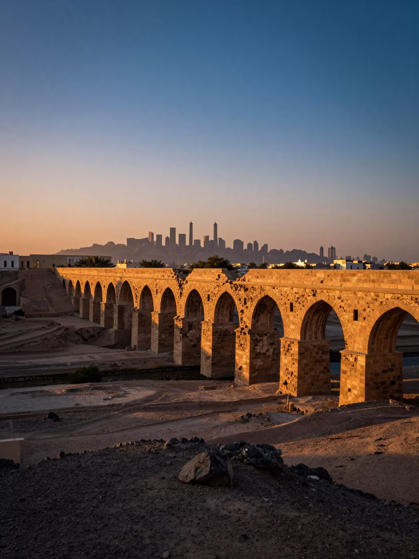 Muscat Oman Sunset Landscape View of Crumbling Stone Aqueduct Over Dry River Valley in in Muscat, Oman