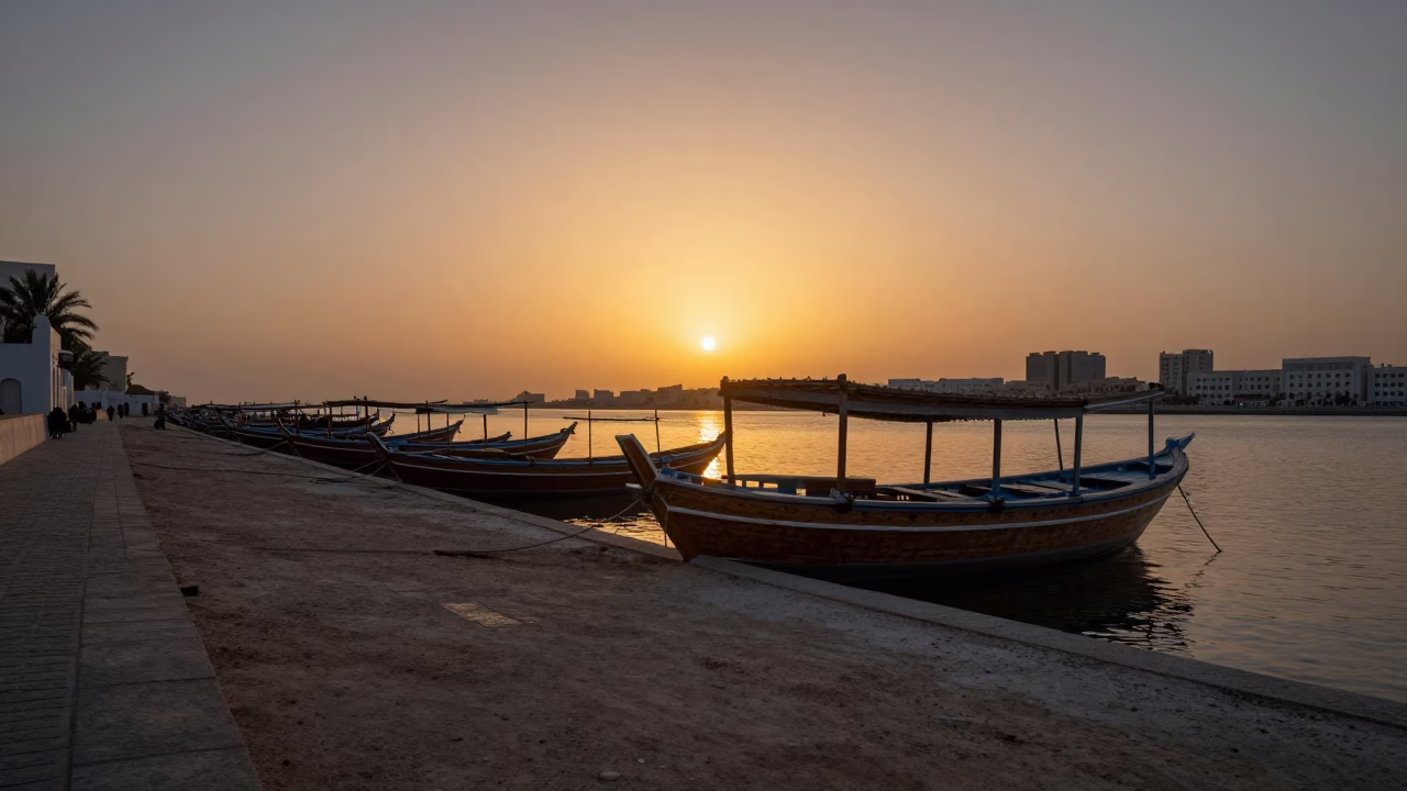 Muscat Oman Sunset Street Scene Traditional Dhows Docked Near Mutrah Souq in in Muscat, Oman