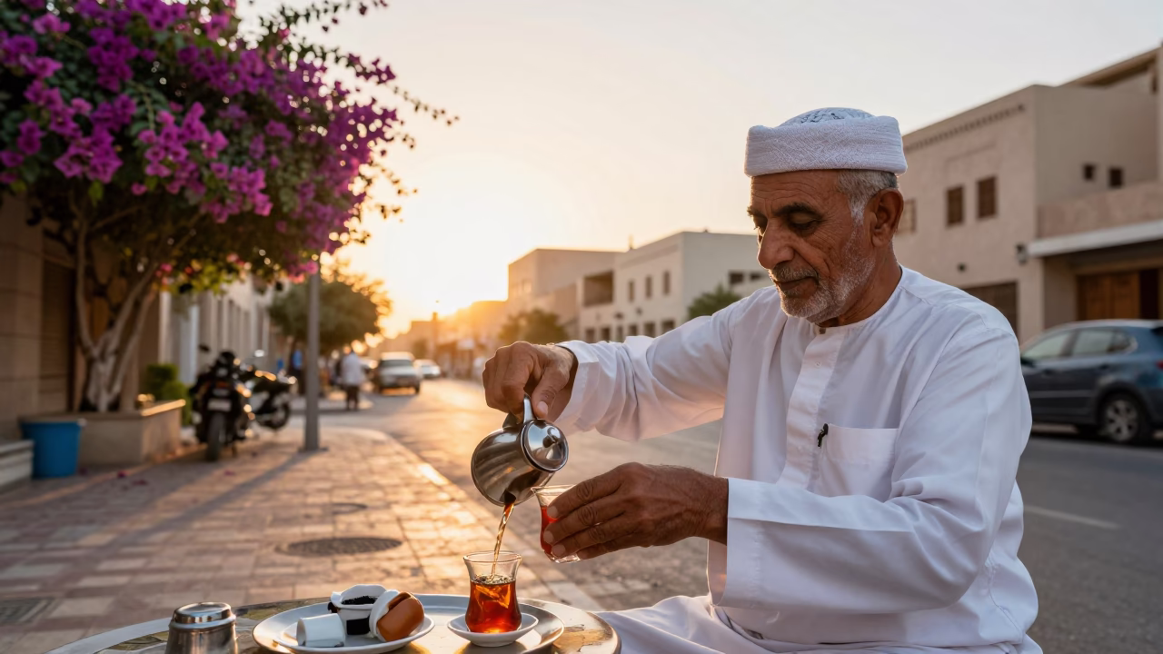Muscat Oman Sunset Street Scene with Bougainvillea and Traditional Tea Service in in Muscat, Oman