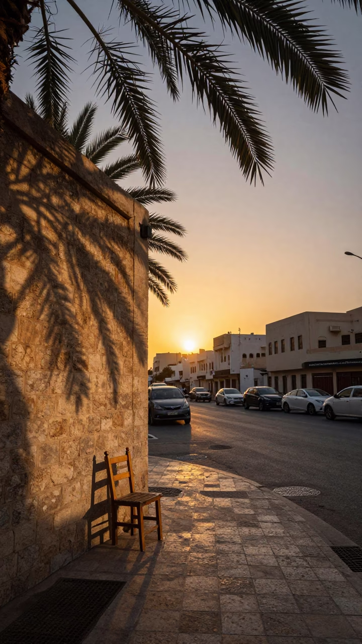 Muscat Oman Sunset Street Scene with Leaf Shadows and Local Market Activity in in Muscat, Oman