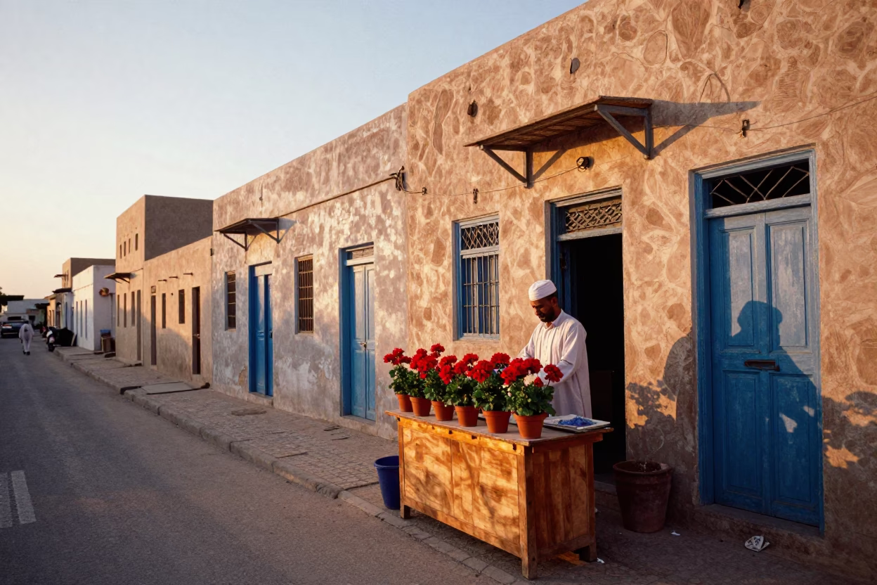 Muscat Oman Sunset Street Scene with Local Shopkeeper and Colorful Geraniums in in Muscat, Oman