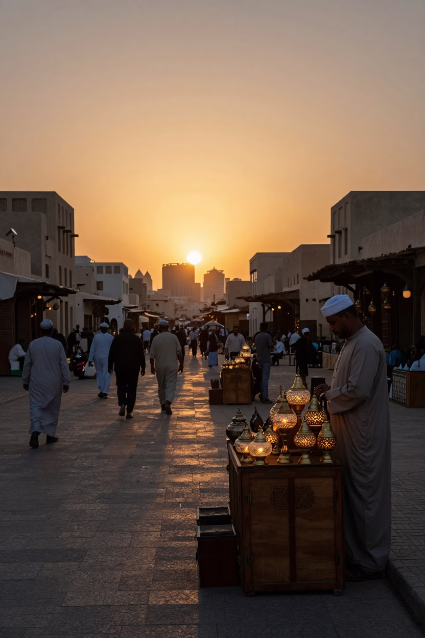 Muscat Oman Sunset Street Scene with Local Souq Activity and Traditional Architecture in in Muscat, Oman