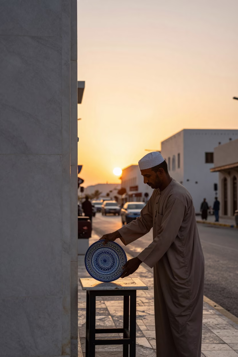 Muscat Oman Sunset Street Scene with Marble Details and Vintage Majolica Plate in in Muscat, Oman