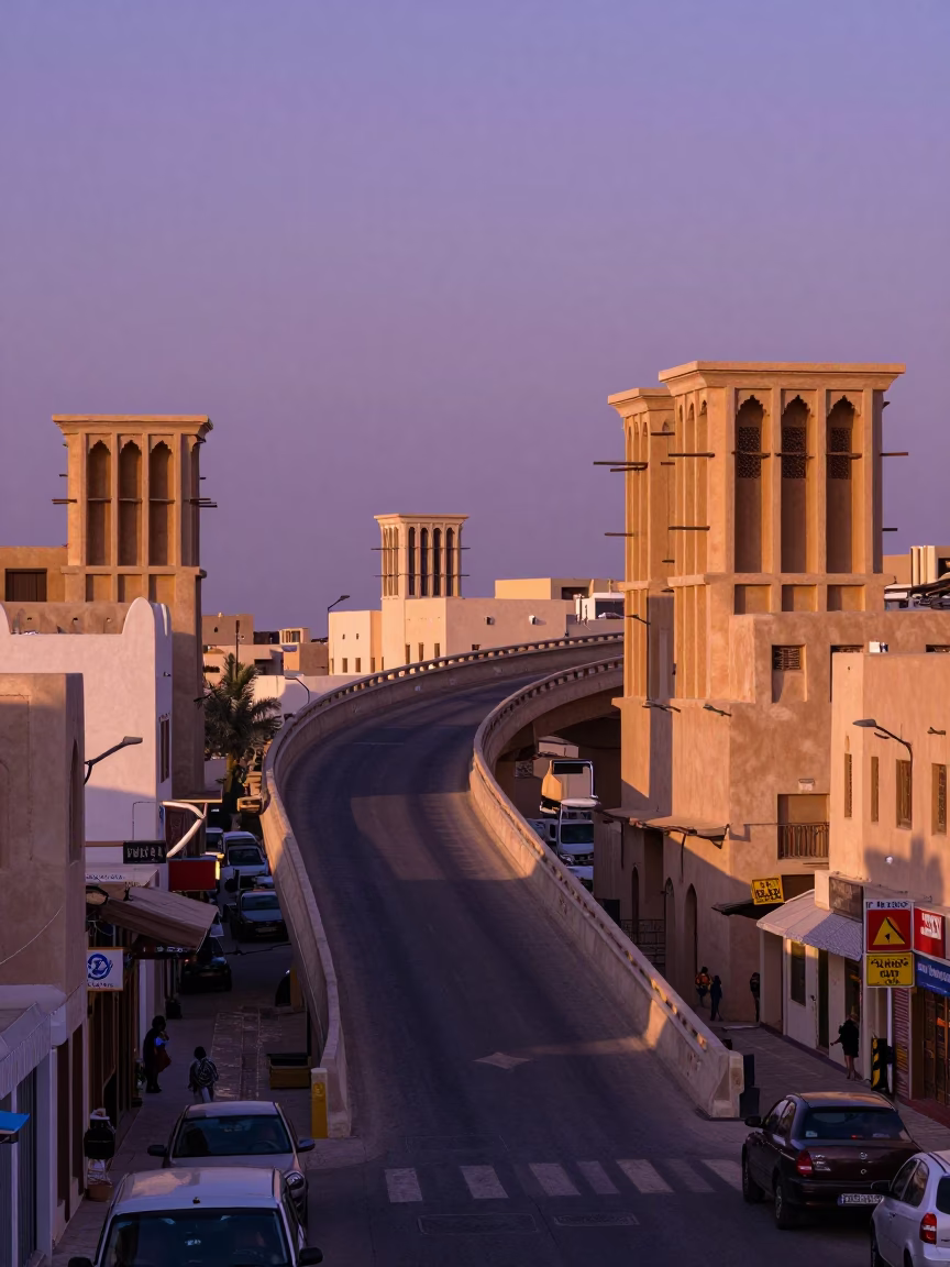 Muscat Oman Sunset Street Scene with Overpass Ramp and Traditional Architecture in in Muscat, Oman