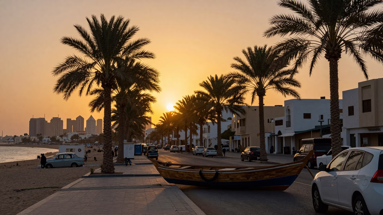 Muscat Oman Sunset Street Scene with Palm Trees and Local Life in in Muscat, Oman