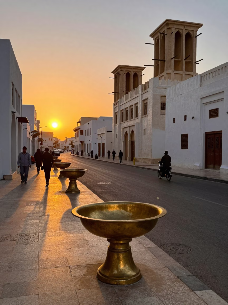 Muscat Oman Sunset Street Scene with Polished Brass Basin and Traditional Souq Activity in in Muscat, Oman