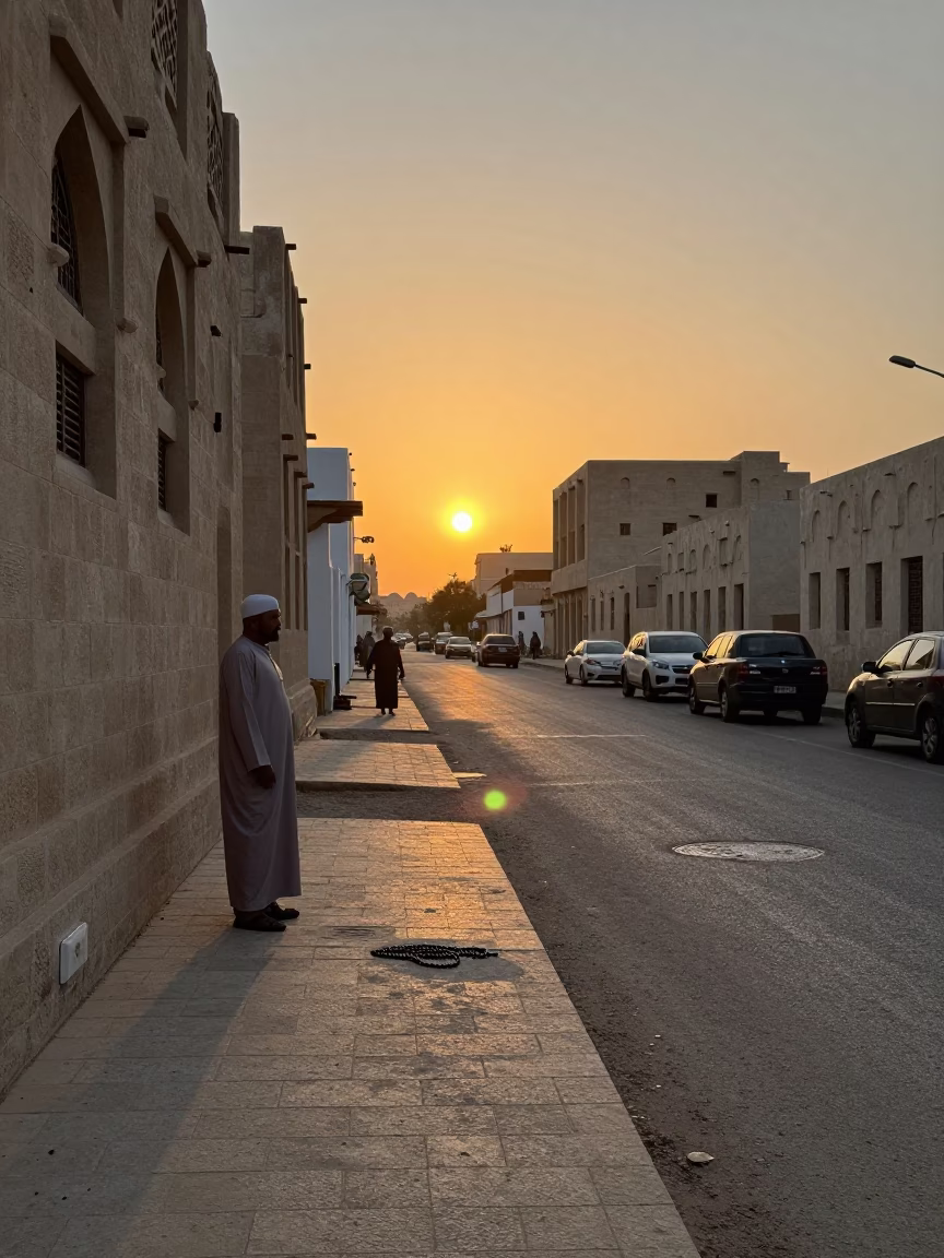 Muscat Oman Sunset Street Scene with Prayer Beads and Local Life in in Muscat, Oman