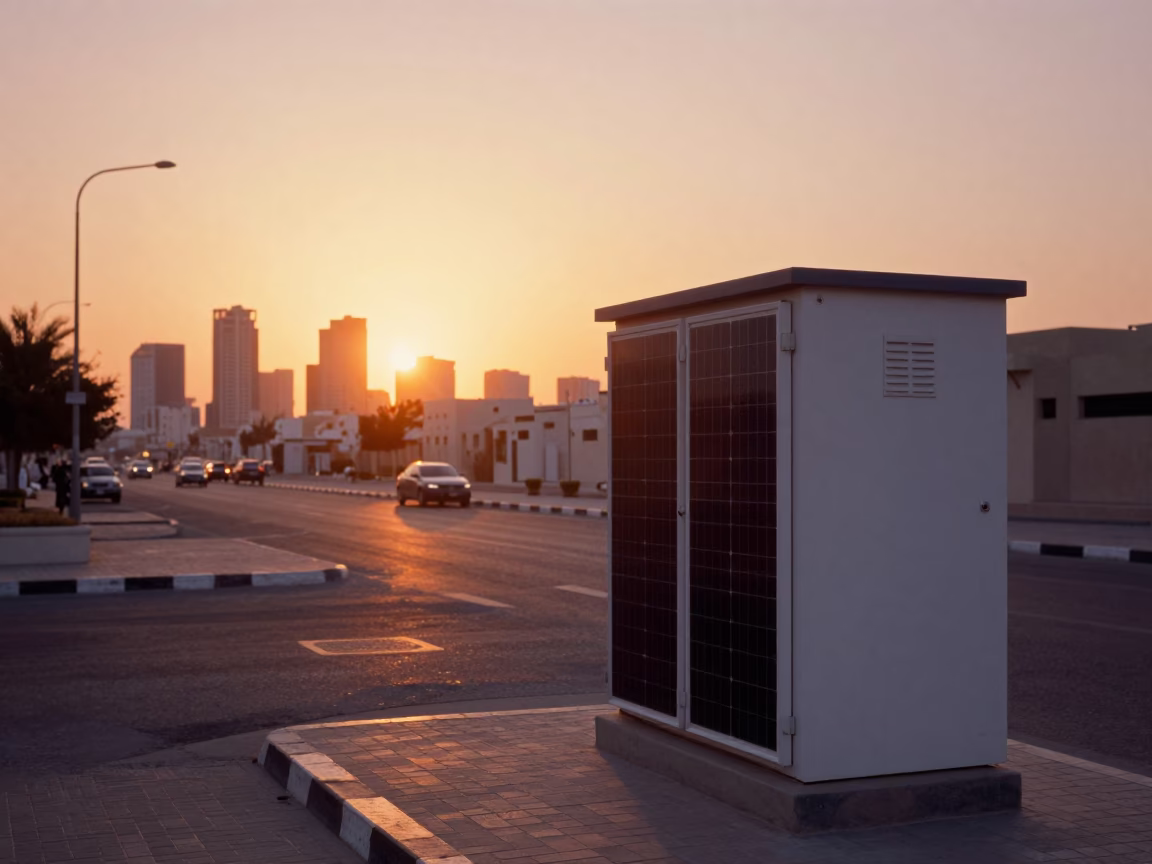 Muscat Oman Sunset Street Scene with Solar Inverter Cabin and Traditional Architecture in in Muscat, Oman