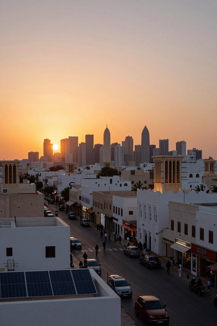 Muscat Oman Sunset Street Scene with Solar Panels and Local Traffic in in Muscat, Oman