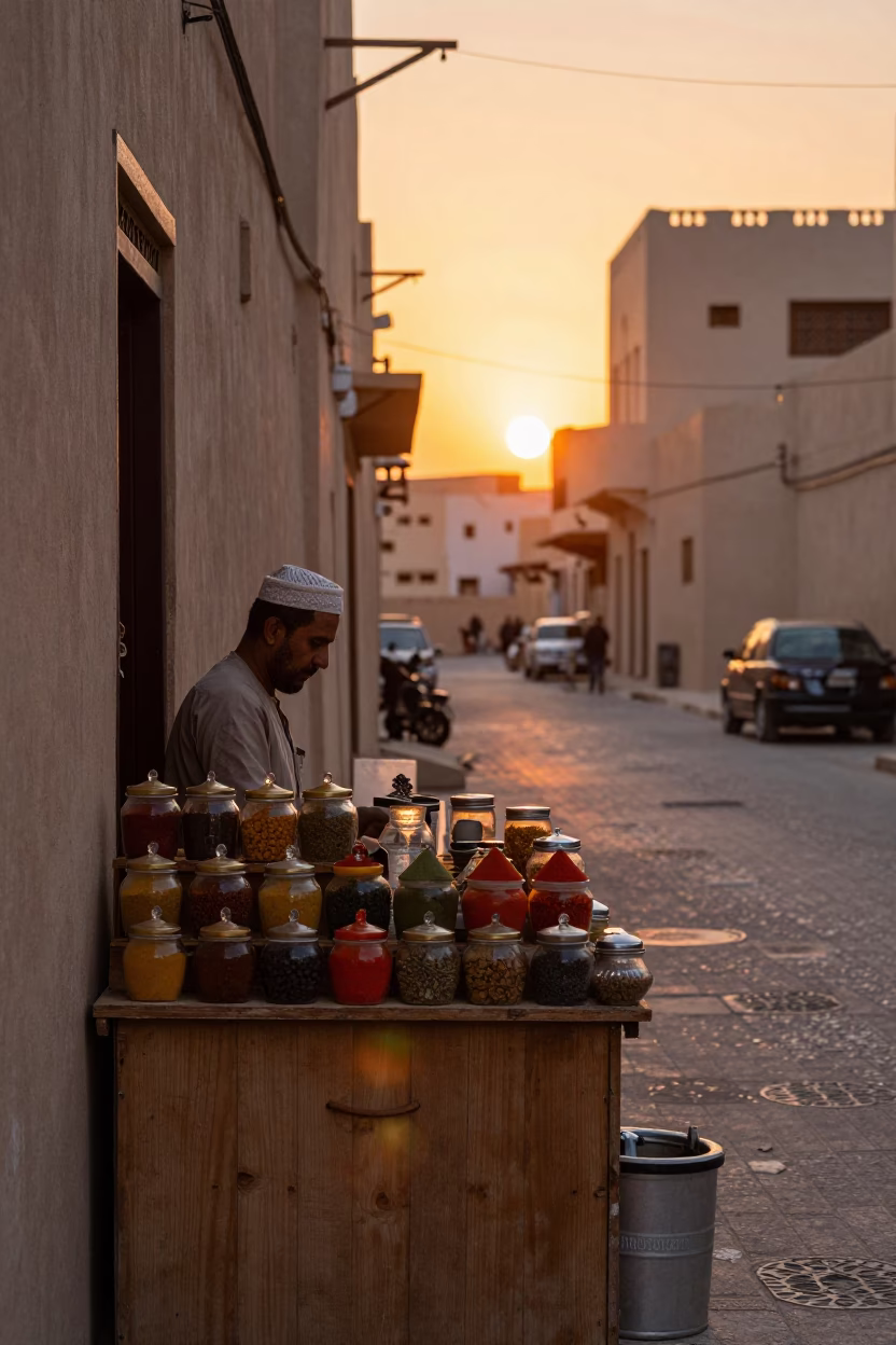 Muscat Oman Sunset Street Scene with Spice Jars and Glass Vase in Traditional Souq in in Muscat, Oman