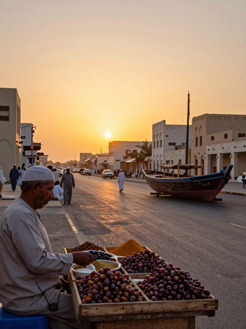 Muscat Oman Sunset Street Scene with Traditional Dhow and Local Market Activity in in Muscat, Oman