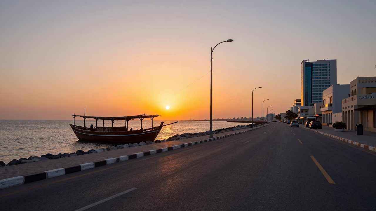 Muscat Oman Sunset Street Scene with Traditional Dhow and Modern Architecture in in Muscat, Oman