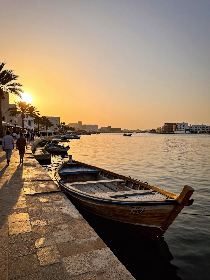 Muscat Oman Sunset Street Scene with Traditional Dhow Boat and Busy Souq Activity in in Muscat, Oman
