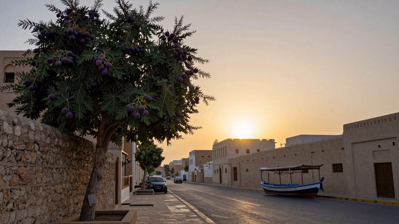 Muscat Oman Sunset Street Scene with Traditional Dhow Boat and Fig Tree in in Muscat, Oman