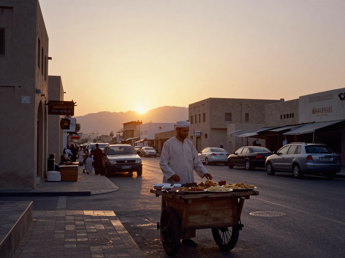 Muscat Oman Sunset Street Scene with Traditional Food and Local Life in in Muscat, Oman