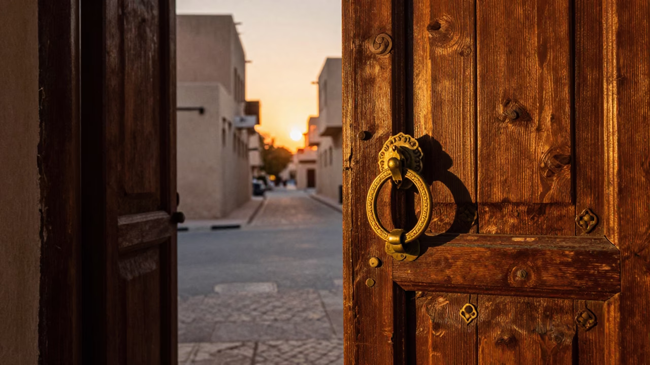 Muscat Oman Sunset Street Scene with Traditional Gate Handle and Basket Tray in in Muscat, Oman