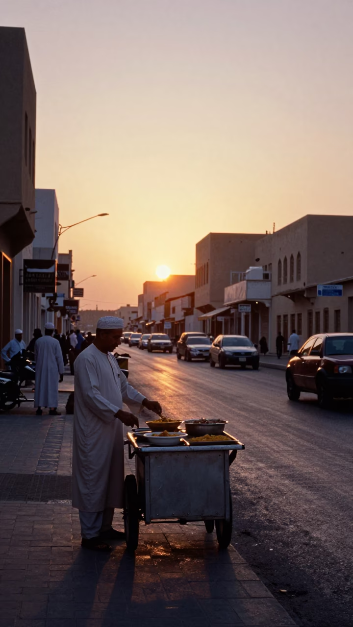Muscat Oman Sunset Street Scene with Traditional Harira Soup and Lemon in in Muscat, Oman