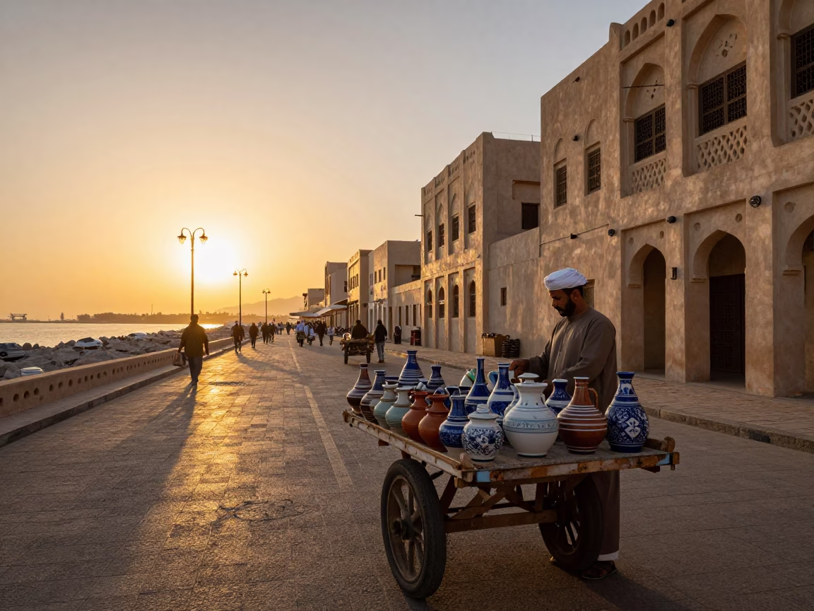 Muscat Oman Sunset Street Scene with Traditional Pottery and Local Market Activity in in Muscat, Oman