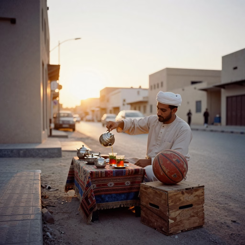 Muscat Oman Sunset Street Scene with Traditional Tea Service and Leather Basketball in in Muscat, Oman